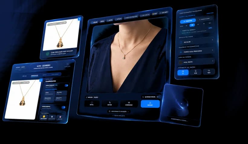 Telas do Aplika AI sobre fundo azul profundo: a foto do colar em fundo branco reconhecida pela IA, o painel de configuração com tamanho de pingente e cor do metal, o resultado da peça aplicada em uma modelo, e o painel de configurações avançadas com perfil da modelo, cenário e formato de saída.