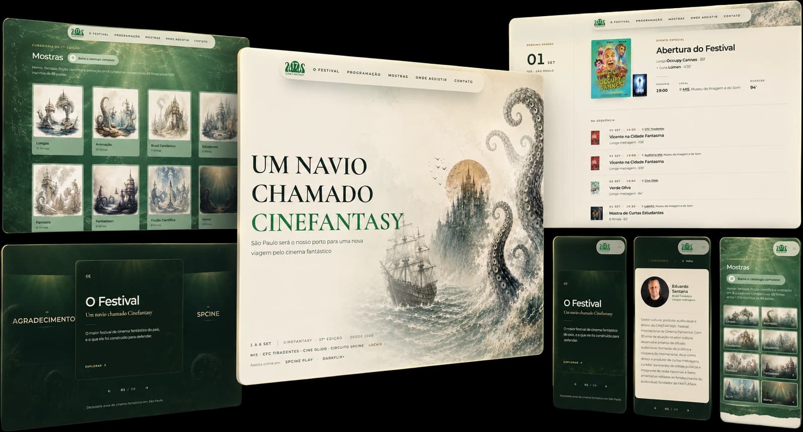 Showcase do site do festival CineFantasy: a página de abertura com a ilustração do navio e do polvo ao centro, a grade de mostras da curadoria à esquerda, a programação à direita e três telas de celular.