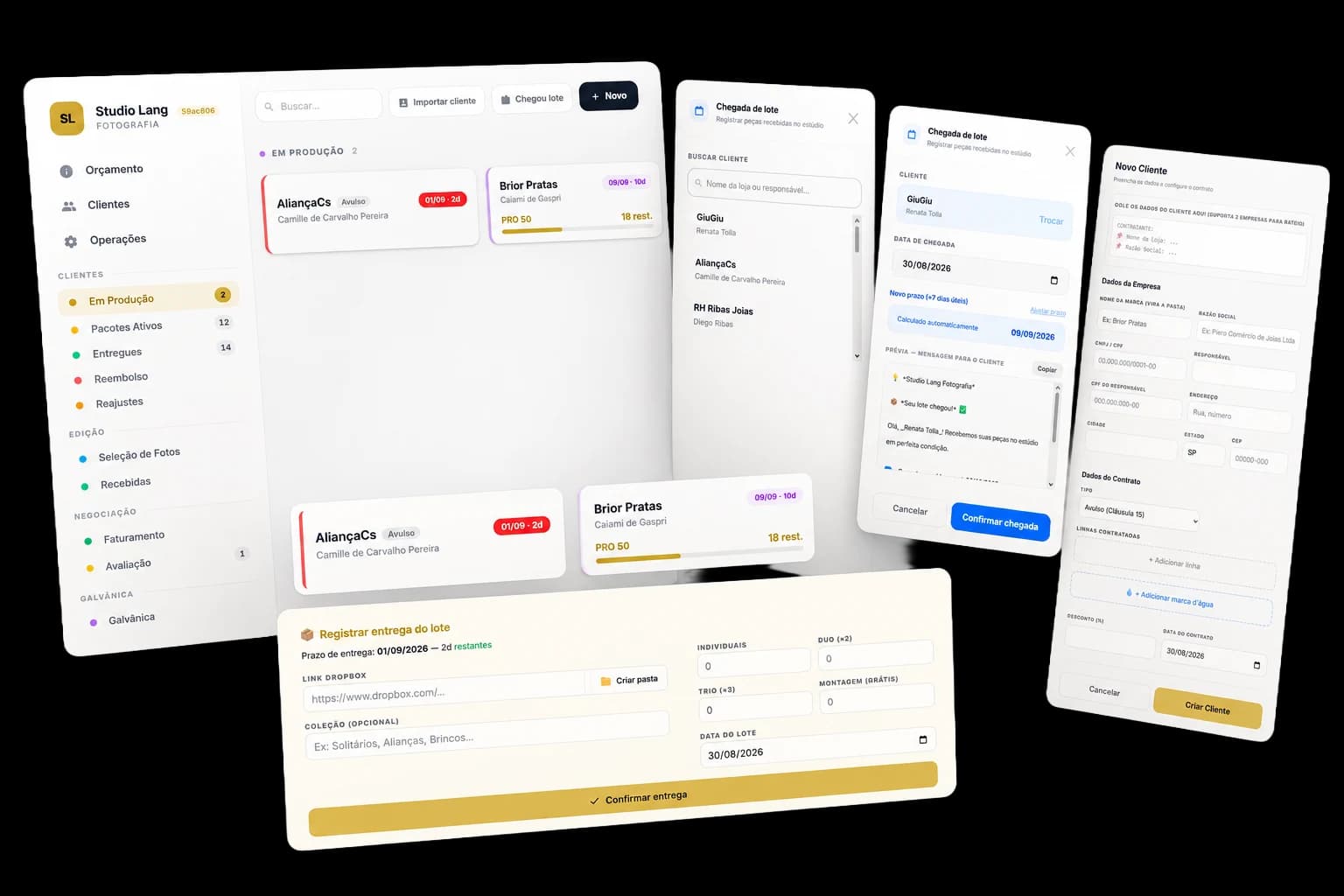 Telas do painel interno do Studio Lang: geração de contratos, avisos de entrega de lote e criação de links para os clientes.